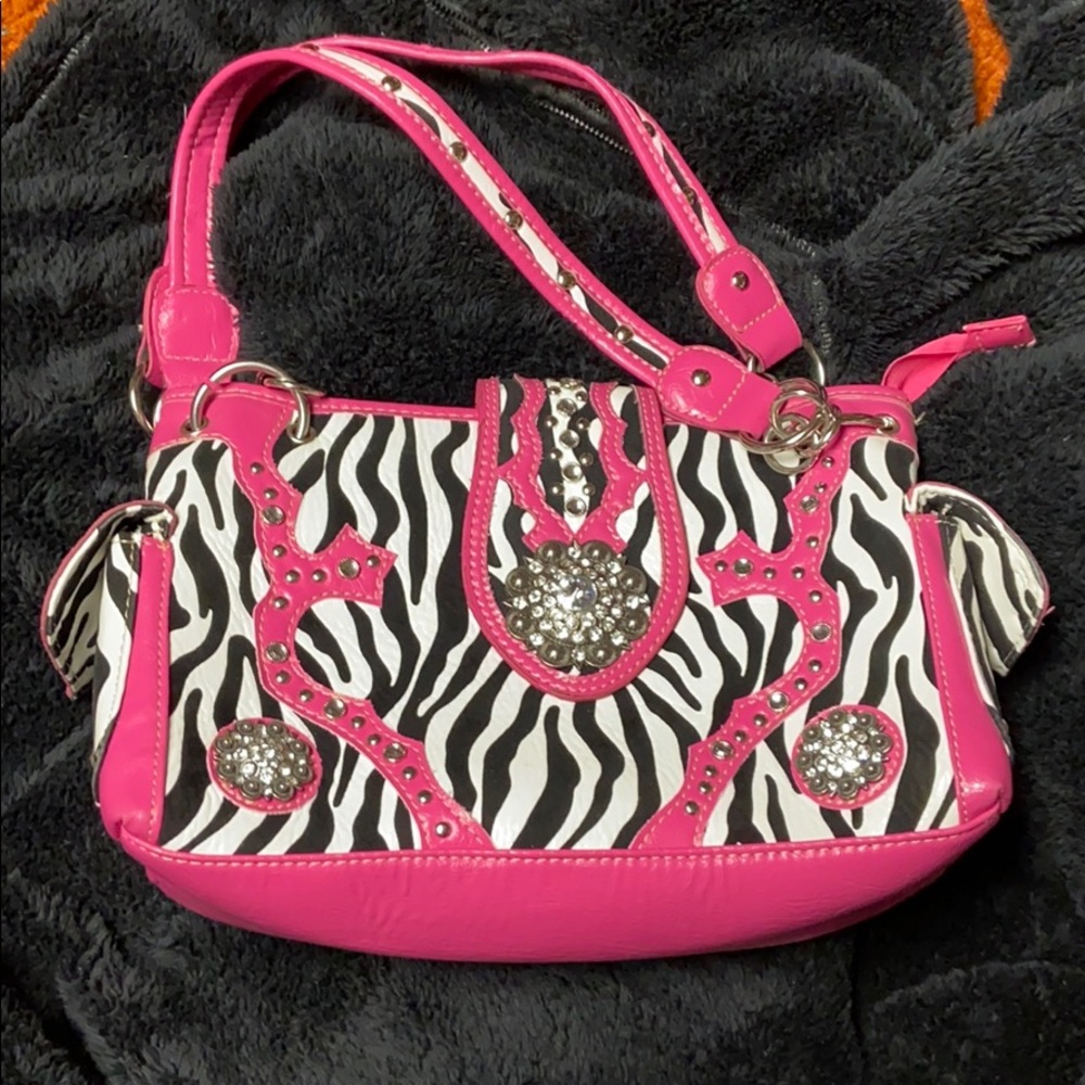 Zebra print bling purse with pink accents